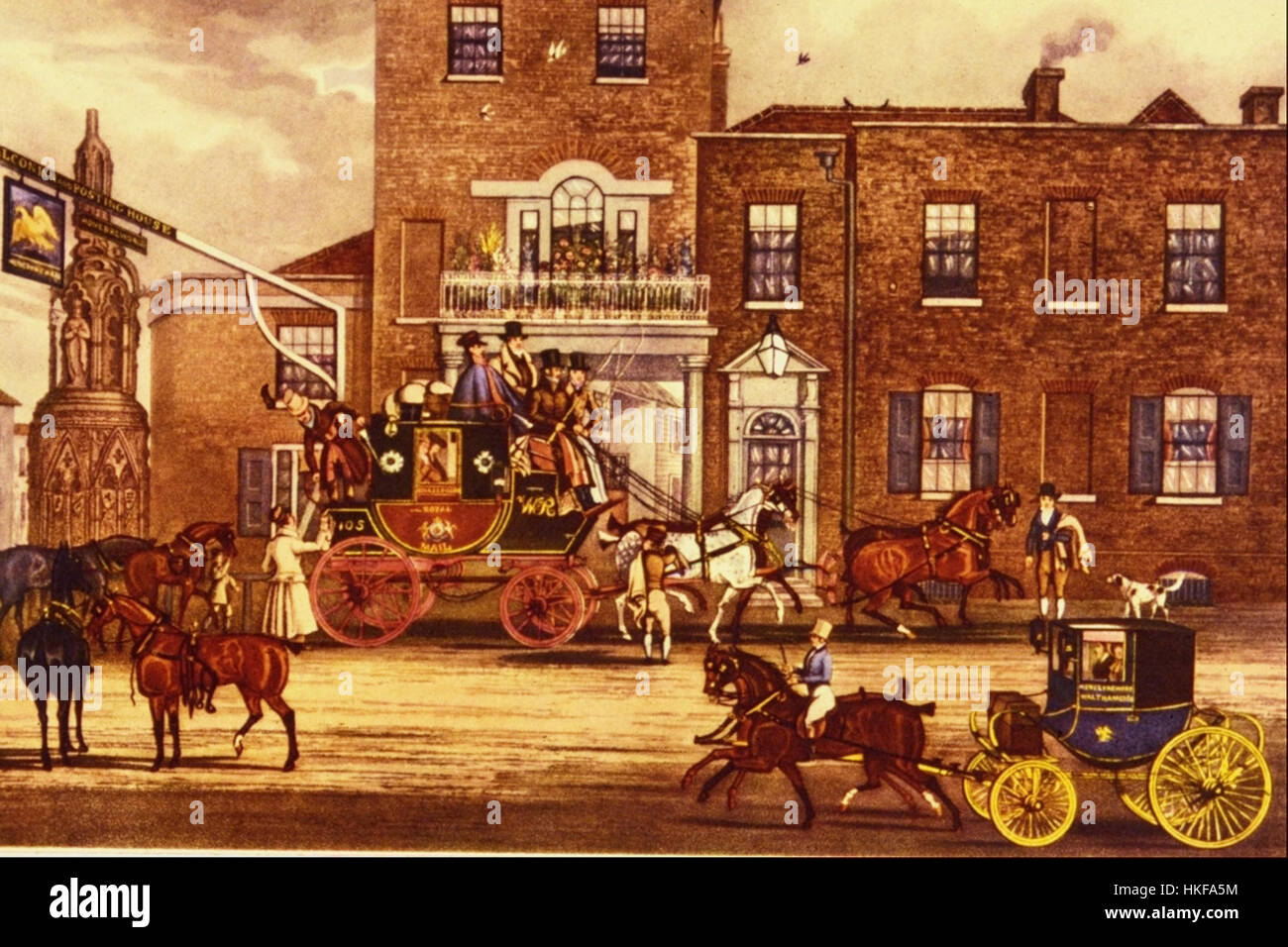 Il dipinto di James Pollard "mail Changing Horses" raffigura una scena di una staffetta postale, che mostra il momento in cui i cavalli vengono cambiati durante un processo di consegna della posta. L'opera d'arte cattura l'energia e il movimento dei cavalli come parte del sistema di trasporto e comunicazione del XIX secolo. Foto Stock