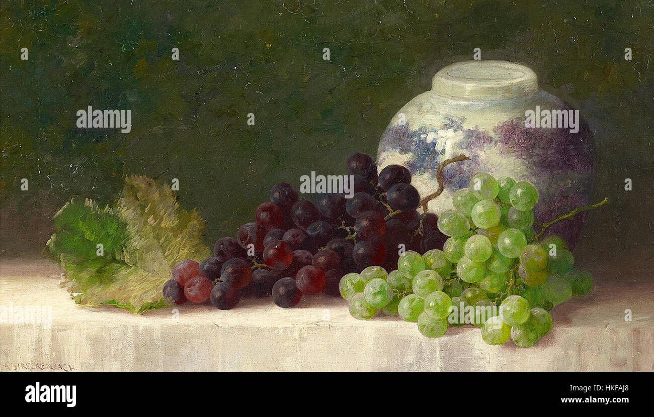 Lo "Stillleben mit Weintrauben und Porzellanvase" di Max Streckenbach è una natura morta classica con uve e un vaso di porcellana. Il dipinto dimostra la capacità di Streckenbach di catturare la consistenza e la bellezza naturale degli oggetti di uso quotidiano. Foto Stock