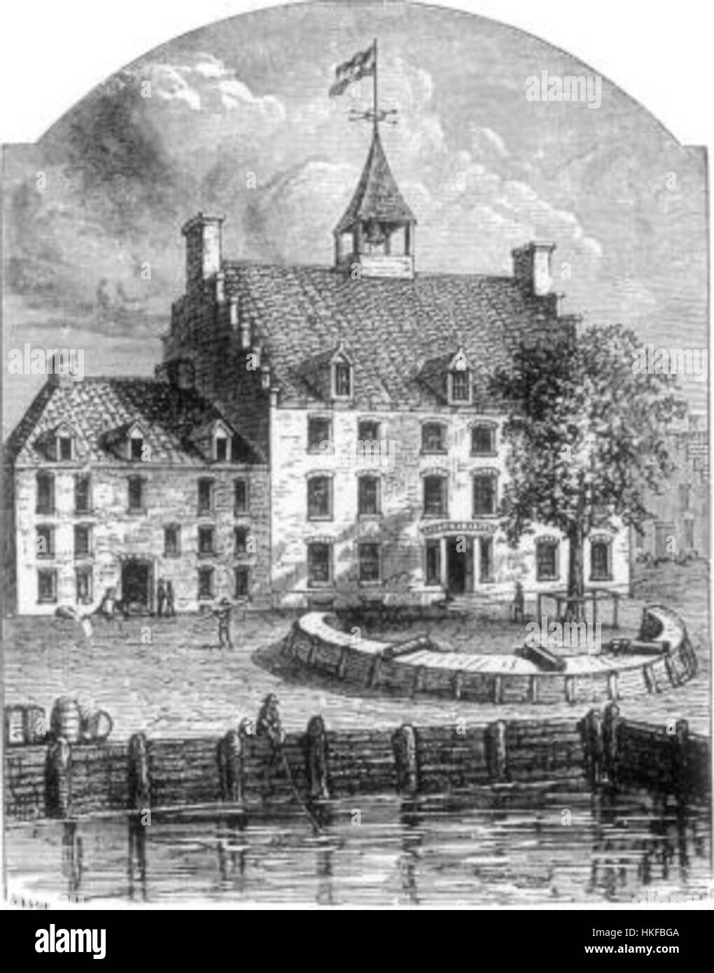 Il New Amsterdam Stadt Huys fu il primo municipio di New York, costruito nel XVII secolo. Questo edificio storico servì come centro amministrativo per la colonia olandese e in seguito come sede del governo britannico. Foto Stock