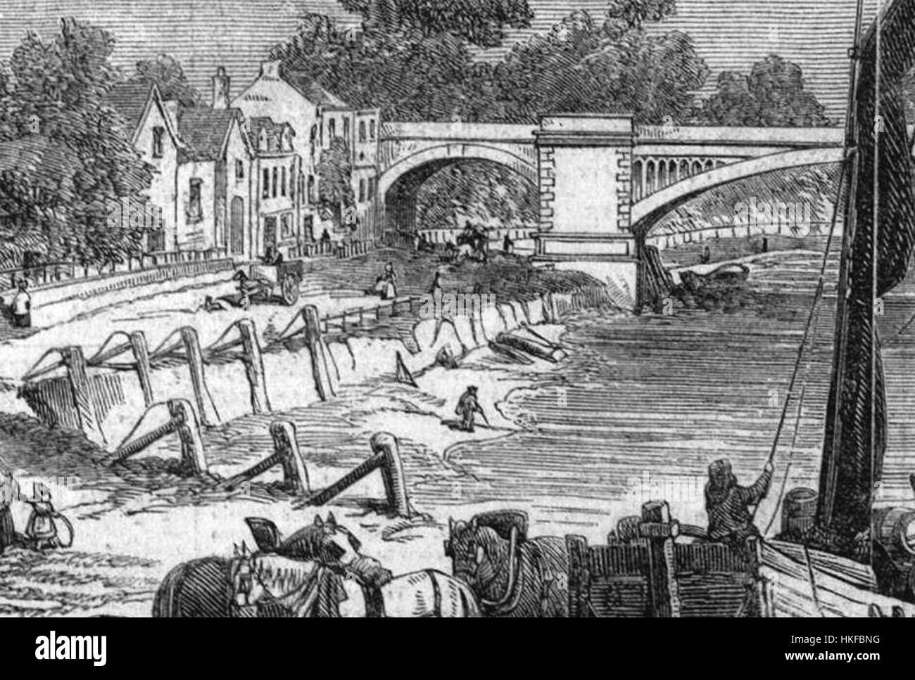 Questo dipinto mostra il Ponte della vecchia ferrovia di Barnes e il suo litorale circostante. L'opera d'arte mette in evidenza le caratteristiche architettoniche del ponte e la sua posizione all'interno del contesto storico dei trasporti e delle infrastrutture. Foto Stock