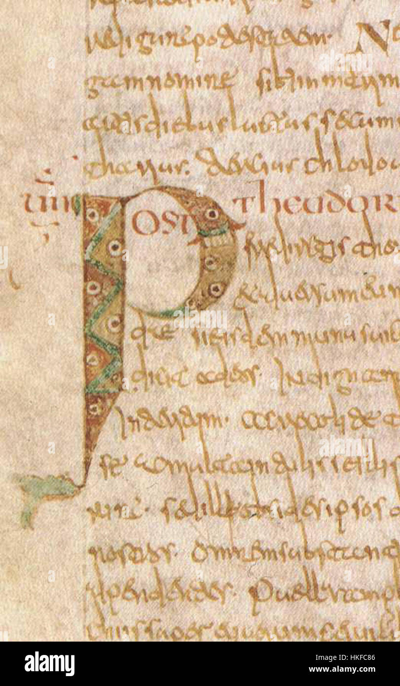 Questo manoscritto, tenuto alla Bibliothèque Nationale de France, è un'opera dettagliata del periodo medievale, che mostra iniziali illuminate. La pagina presenta disegni intricati, con particolare attenzione ai temi religiosi e alle pratiche artistiche medievali. Foto Stock