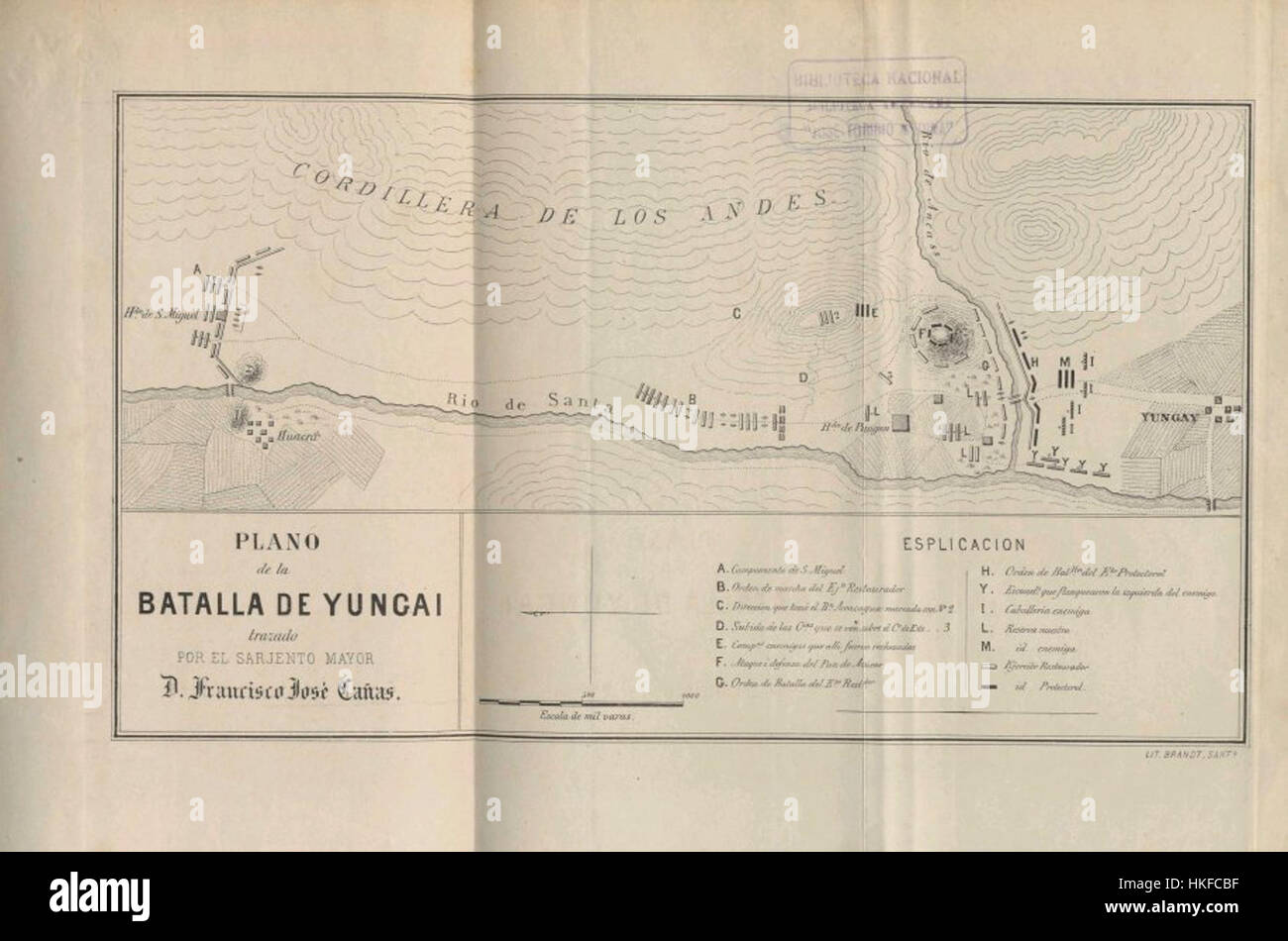 Questa mappa storica raffigura la battaglia di Yungay, un evento significativo durante la guerra del Pacifico, combattuta tra Cile e Perù nel 1839. La battaglia fu una vittoria fondamentale per il Cile, segnando la fine delle ostilità nella regione. Foto Stock