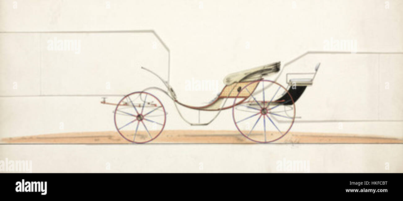 Il dipinto raffigura un phaeton del XIX secolo, un tipo di carrozza trainata da cavalli che era popolare nel XIX secolo. L'opera d'arte cattura l'eleganza e lo stile del periodo, mettendo in risalto il design della carrozza e la moda del tempo. Foto Stock
