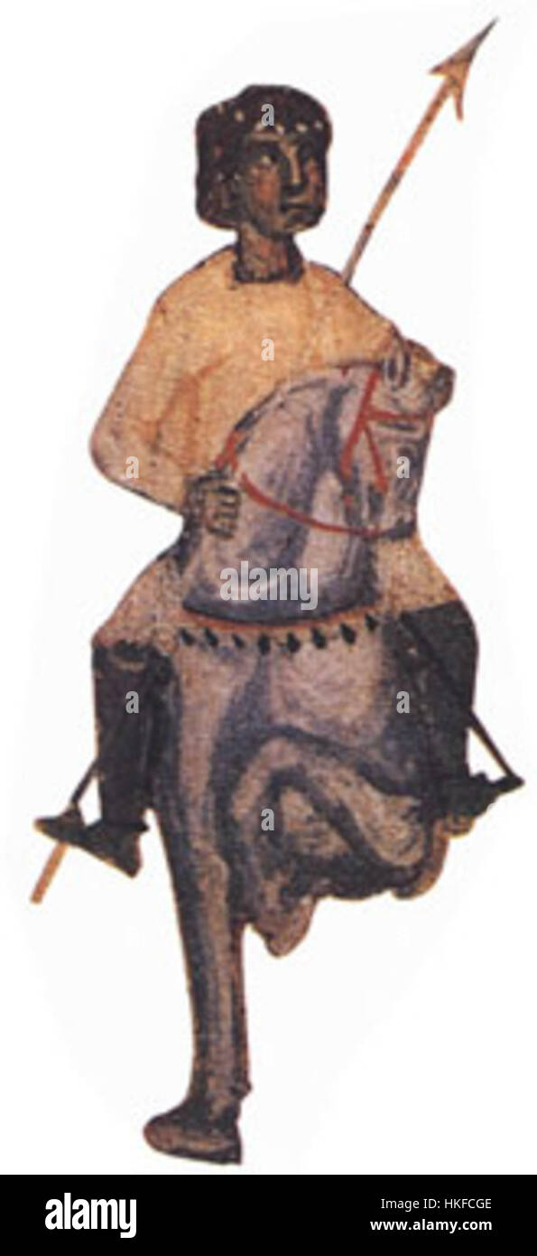 Un'illustrazione manoscritta con l'opera di Raimbaut de Vaqueiras, un trovatore medievale. L'opera riflette la ricca storia della poesia medievale e della musica, con dettagli intricati tipici del periodo. Foto Stock