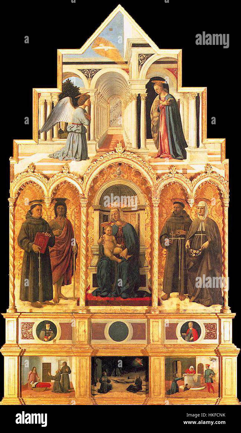 Pollittico Sant'Antonio è una pala d'altare rinascimentale raffigurante la vita di Sant'Antonio. L'opera è piena di intricate immagini religiose e temi devozionali, caratteristici della tradizione della pala d'altare del periodo. Foto Stock Pollittico Sant'Antonio è una pala d'altare rinascimentale raffigurante la vita di Sant'Antonio. L'opera è piena di intricate immagini religiose e temi devozionali, caratteristici della tradizione della pala d'altare del periodo. Foto Stock