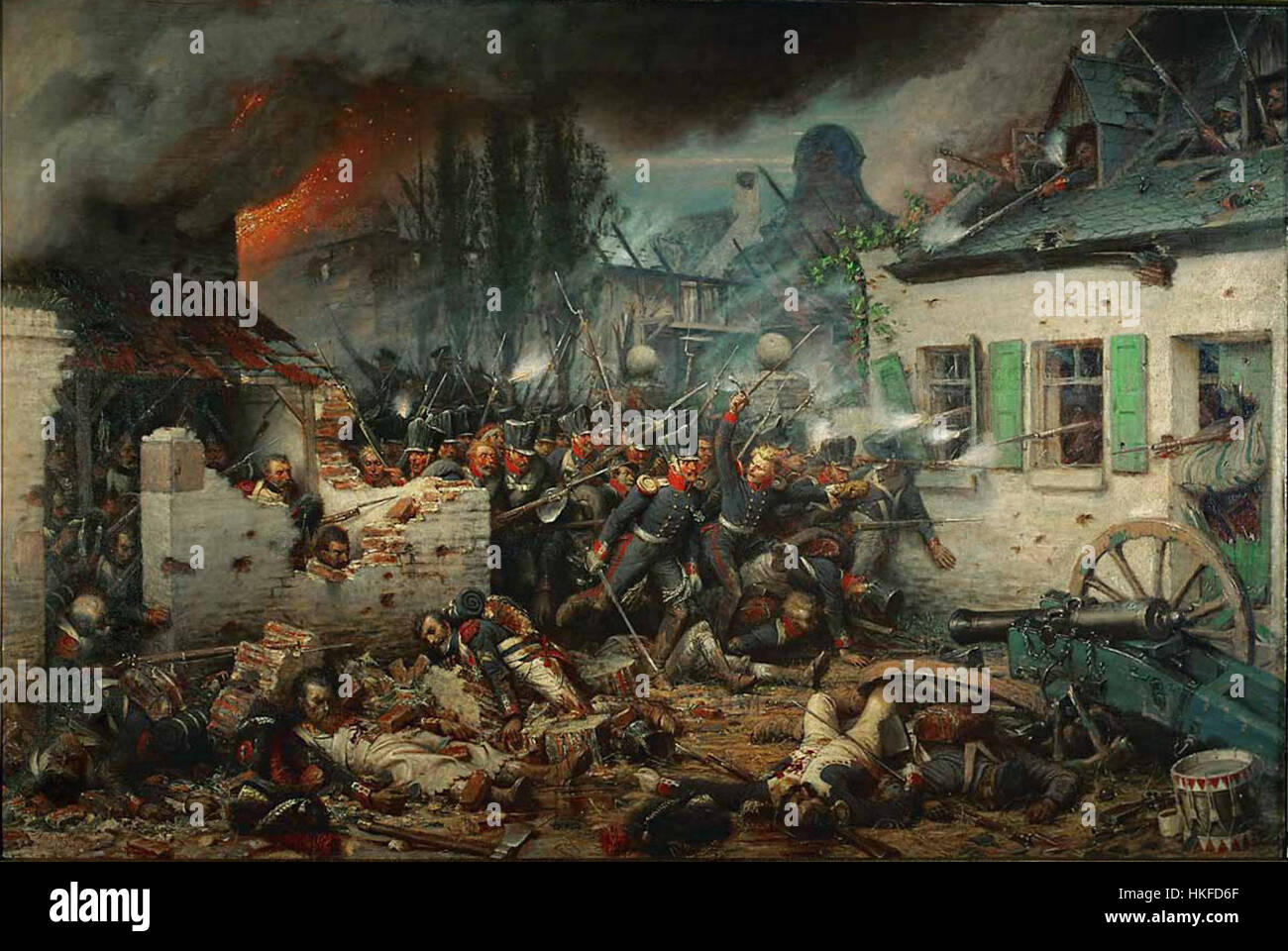Un dipinto di Adolf Northern raffigurante l'attacco prussiano a Plancenoit durante la battaglia di Waterloo. Questa opera d'arte cattura l'intensità del conflitto storico, illustrando la strategia militare e le tattiche di battaglia. Foto Stock