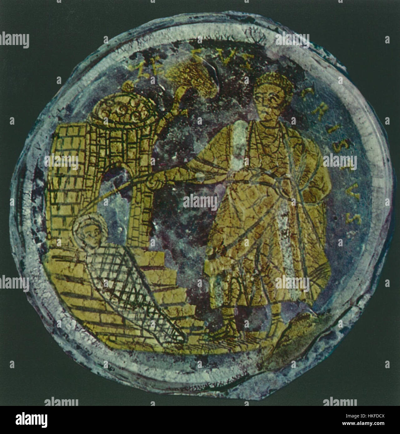 La Resurrezione di Lazzaro è raffigurata in questa opera d'arte in vetro colorato, che mostra una scena biblica del nuovo Testamento. Il vivace design in vetro illustra il momento miracoloso in cui Gesù solleva Lazzaro dai morti, evidenziando temi di vita, morte e risurrezione. Foto Stock