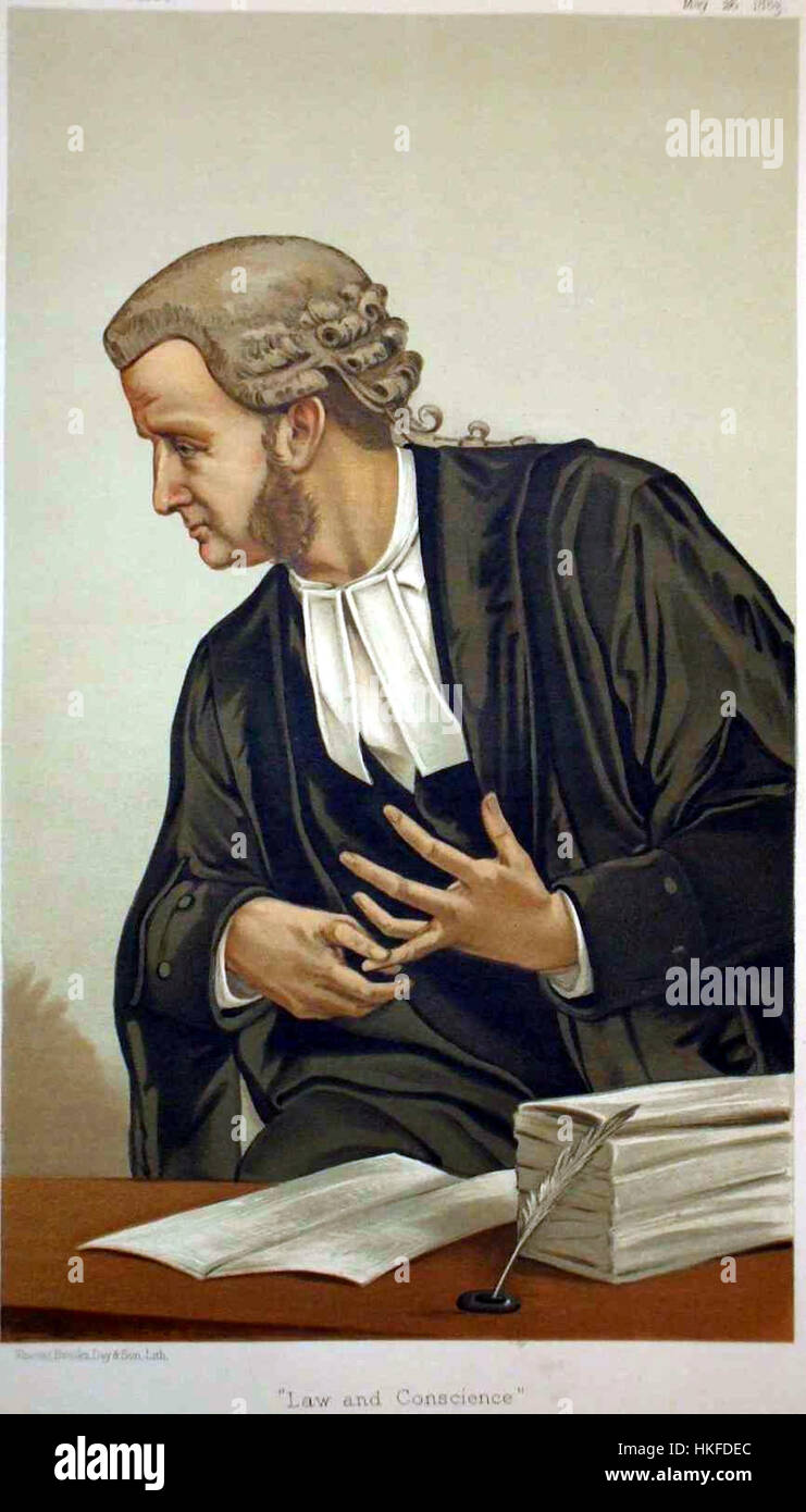 Questa caricatura di Richard Webster, apparsa in Vanity Fair nel maggio 1883, raffigura umoristicamente l'avvocato e politico britannico. Conosciuto per il suo ingegno e il suo stile satirico, le caricature di Vanity Fair catturano le personalità di personaggi di spicco della Gran Bretagna del XIX secolo. Foto Stock