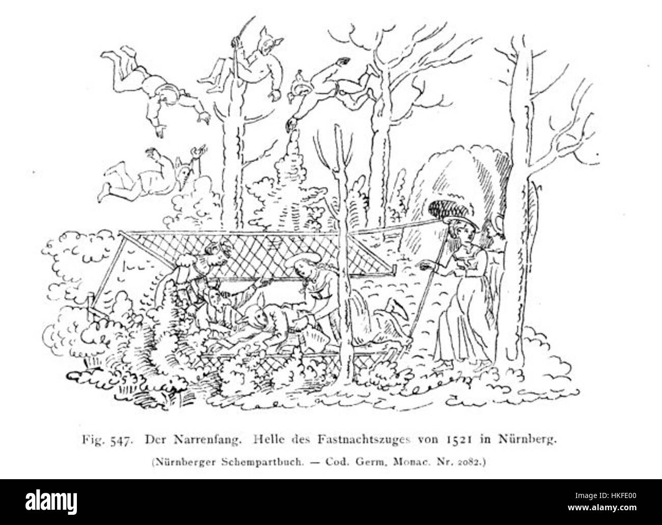Lo "Schembartbuch" è un manoscritto medievale tedesco che presenta il "Narrenfang", raffigurante scene di un tradizionale carnevale o della cattura di un pazzo. Questo lavoro fa parte della storia culturale tedesca medievale e illustra i primi festeggiamenti europei. Foto Stock