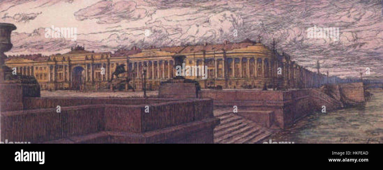 Questo dipinto di Piazza Senatskaya a San Pietroburgo cattura la bellezza architettonica e il significato storico della località. Piazza Senatskaya è centrale per la storia russa, con i suoi edifici di rilievo e la vicinanza alla Fortezza di Pietro e Paolo, che mette in risalto il patrimonio culturale di San Pietroburgo. Foto Stock