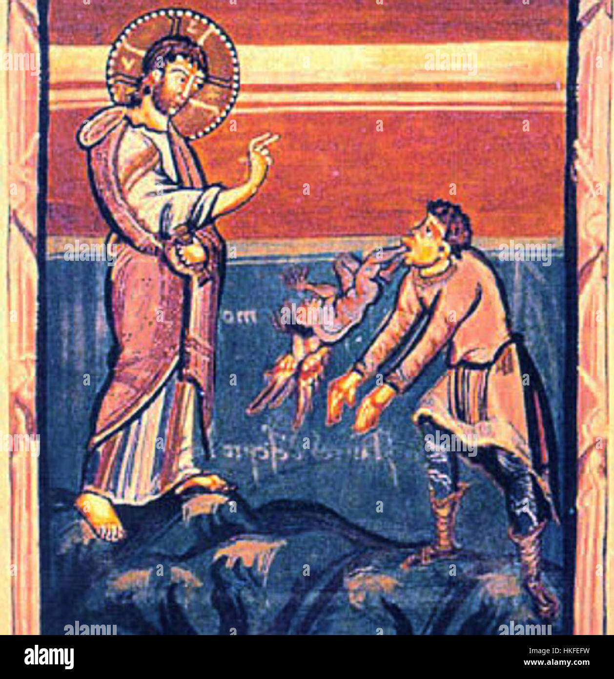 Questa opera raffigura la storia biblica di Gesù che guarisce l'uomo posseduto da un demone, un momento potente del nuovo Testamento. La scena trasmette temi religiosi di guarigione, fede e intervento divino. Foto Stock