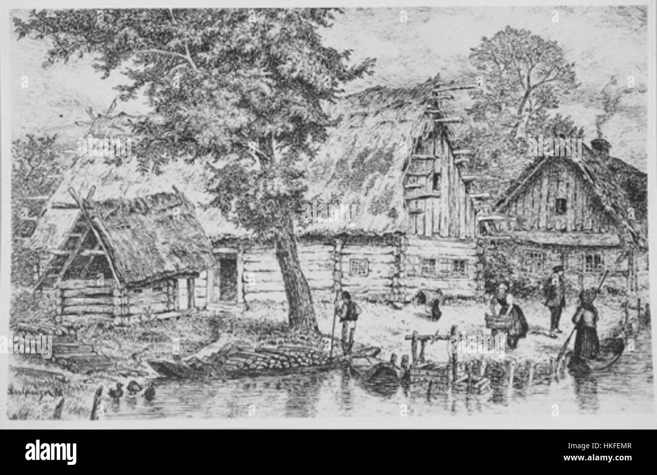 Un'opera d'arte di Spreewald album, una serie visiva che mostra scene della regione di Spreewald. Il dipinto mette in risalto il paesaggio e la cultura unici della zona. Foto Stock