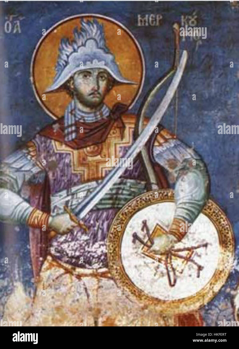 San mercurio è una figura religiosa nelle tradizioni cristiane e ortodosse, spesso raffigurata nell'arte come simbolo di devozione e martirio. La sua iconografia rappresenta la fede e la dedizione ai principi religiosi. Foto Stock