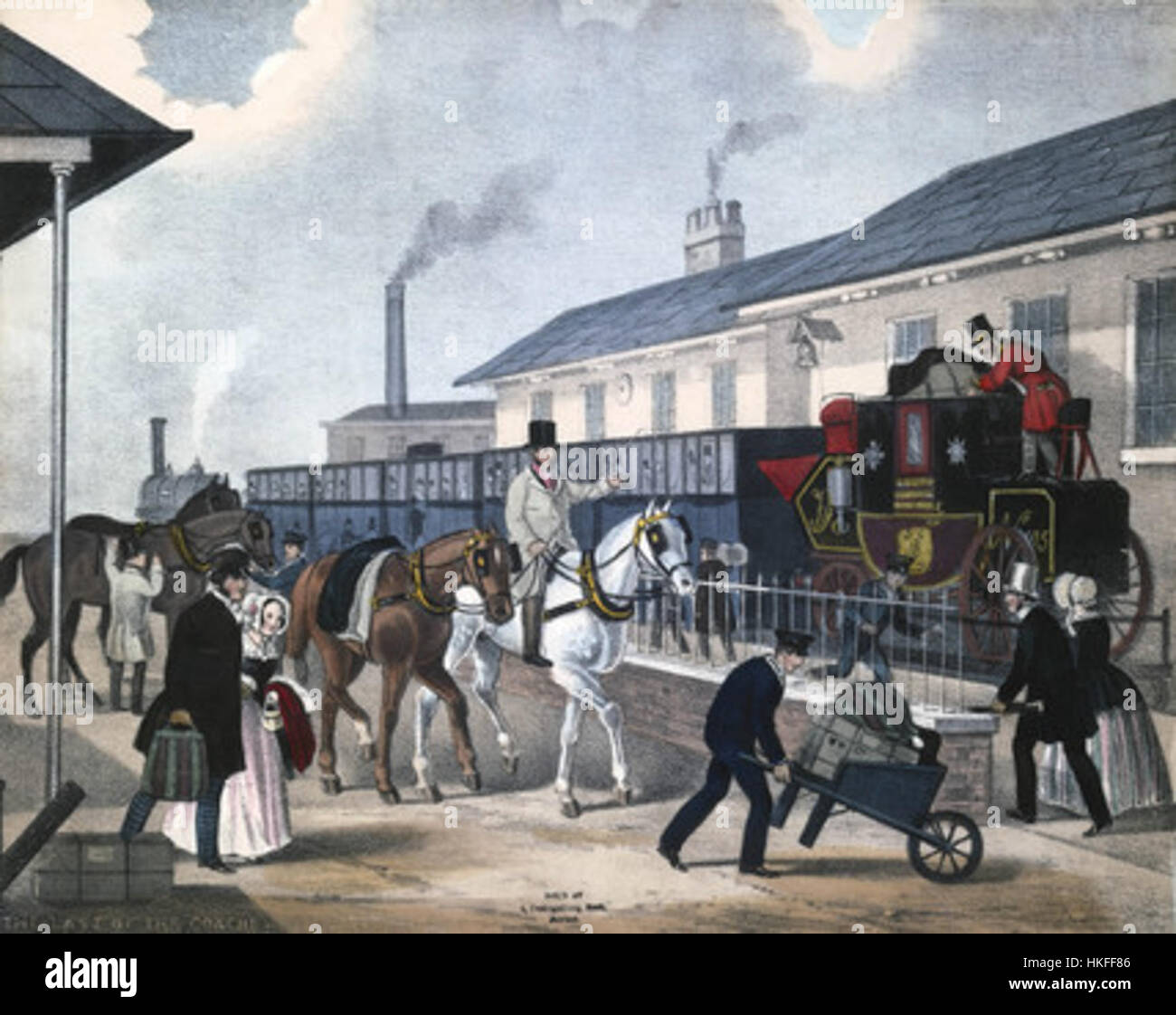 "The Last of the Coaches, c. 1850" è un suggestivo dipinto che cattura il declino delle carrozze trainate da cavalli a favore dei trasporti moderni. L'opera d'arte riflette la transizione dal tradizionale viaggio in pullman all'uso emergente di veicoli a vapore, illustrando il mutevole paesaggio dei trasporti a metà del XIX secolo. Foto Stock