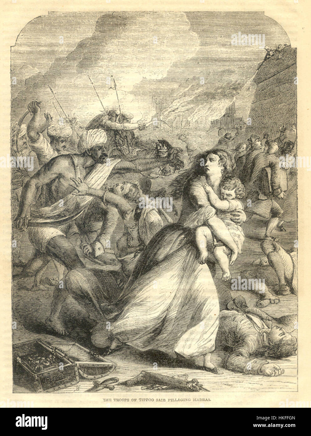 Questa opera raffigura il momento in cui le truppe di Tippoo Sultan saccheggiarono Madras, un evento significativo durante le guerre anglo-mysore nel XVIII secolo. Esso mette in evidenza il conflitto tra le forze coloniali britanniche e il Regno di Mysore. Foto Stock