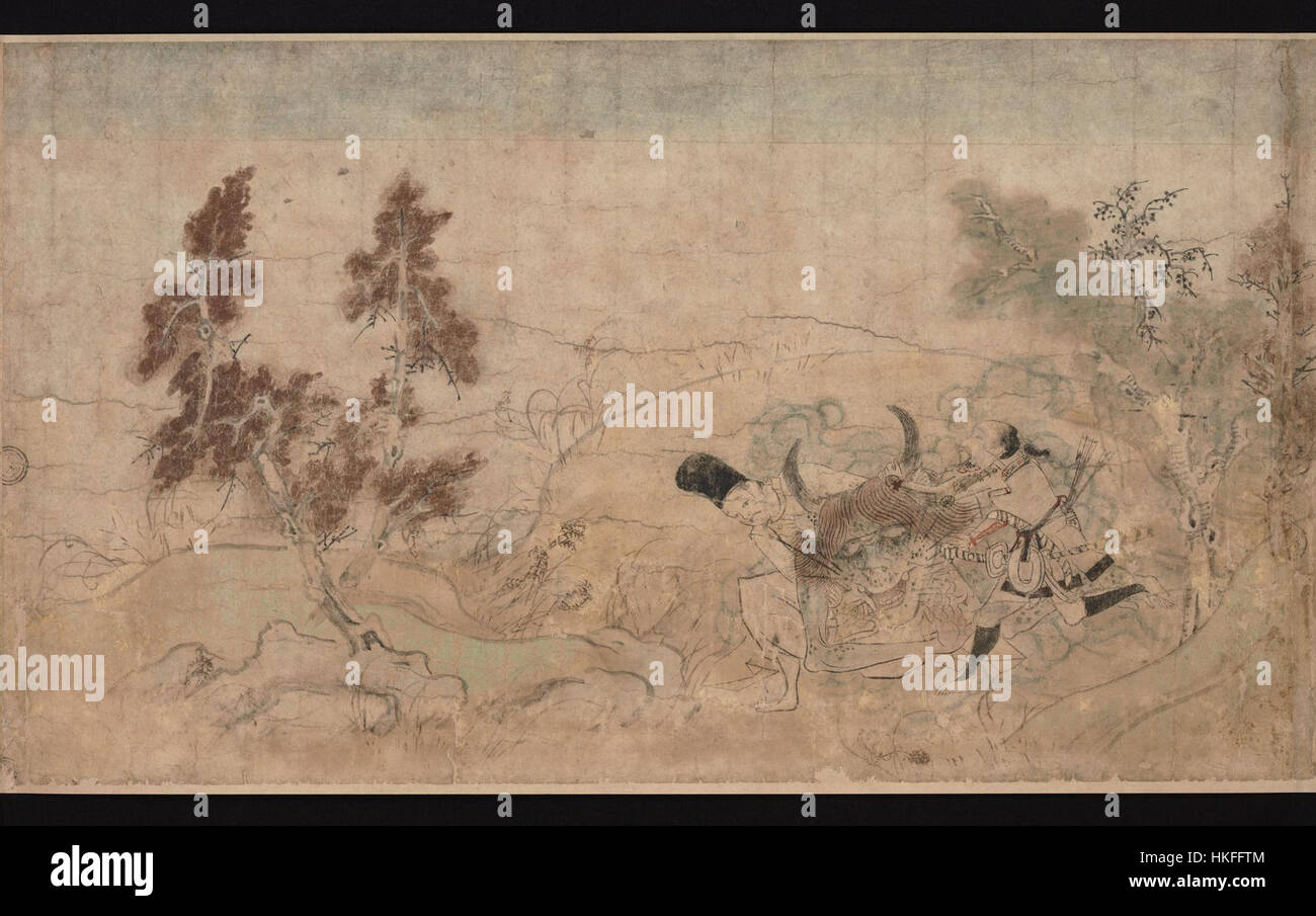 Lo "Tsuchigumo no Soshi Emaki" è una narrazione illustrata giapponese del periodo Kamakura, raffigurante la leggenda del Tsuchigumo, un ragno gigante mitico. Questo dipinto a pergamena è un importante esempio di arte storica e mitica giapponese. Foto Stock