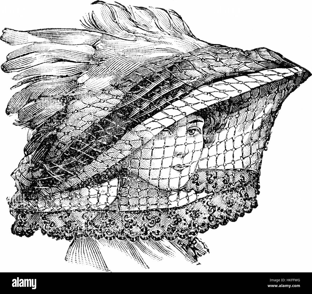 Un'illustrazione di moda che mostra un nuovo design per un abito in velluto, nero o crema con bordi in pizzo. Il capo è incentrato sul design dettagliato del capo e sulla texture del tessuto. Foto Stock