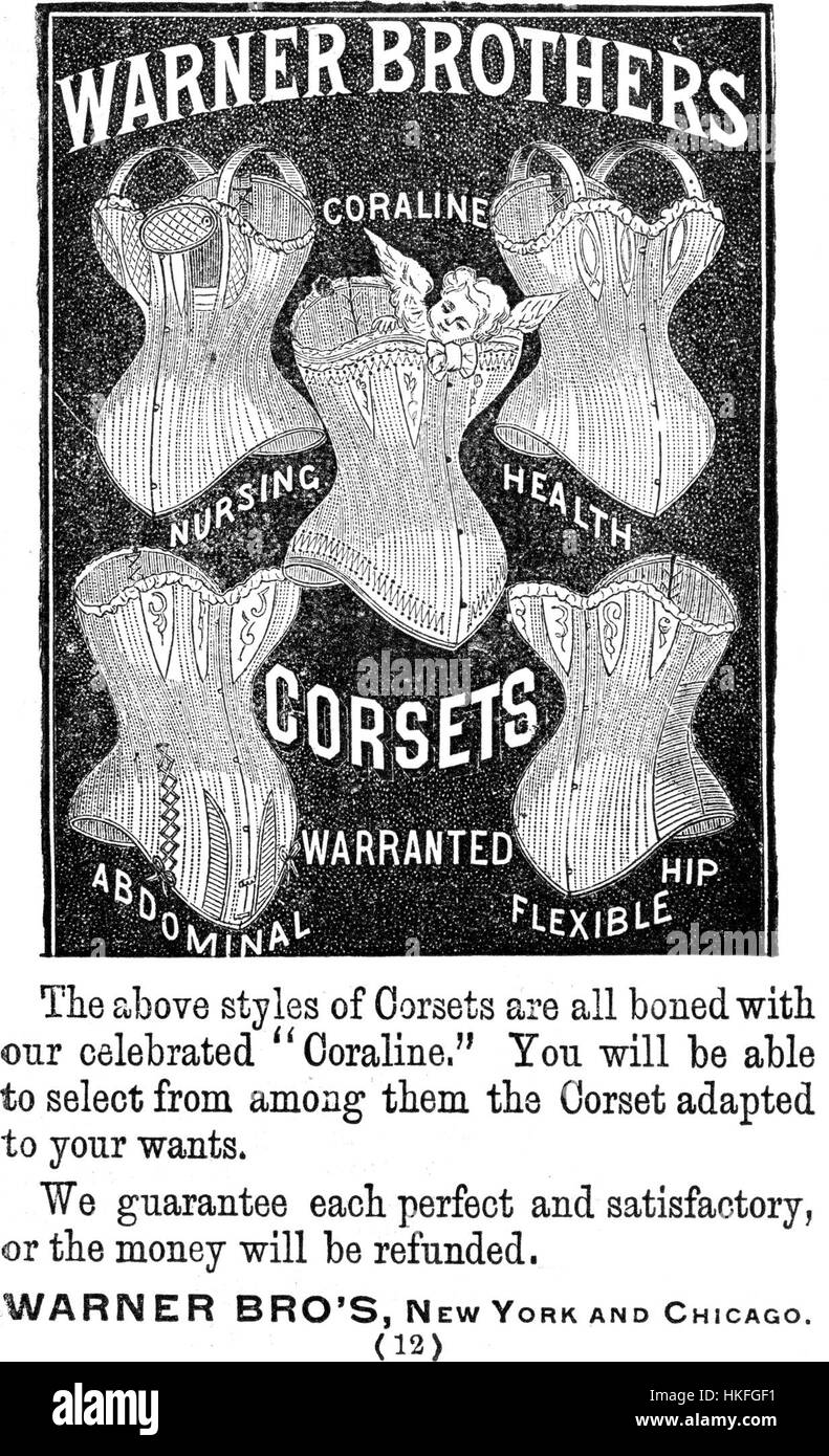 Questa pagina di una produzione della Warner Bros. Di "Coraline" presenta i disegni del corsetto utilizzati nel film. Questi costumi, parte integrante del design del personaggio, mettono in mostra l'attenzione ai dettagli per dare vita al fantastico mondo di "Coraline" attraverso la moda e la direzione artistica. Foto Stock