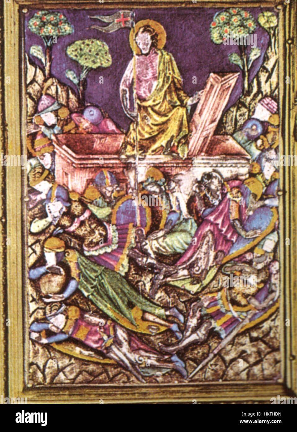 Questa scena smaltata traslucida del reliquiario del Corporale di Bolsena, creato da Ugolino di Vieri tra il 1337 e il 1338, è un capolavoro dell'artigianato medievale. Cattura un evento religioso, mettendo in mostra il minuzioso dettaglio e l'abilità dell'artista in questo oggetto sacro. Foto Stock