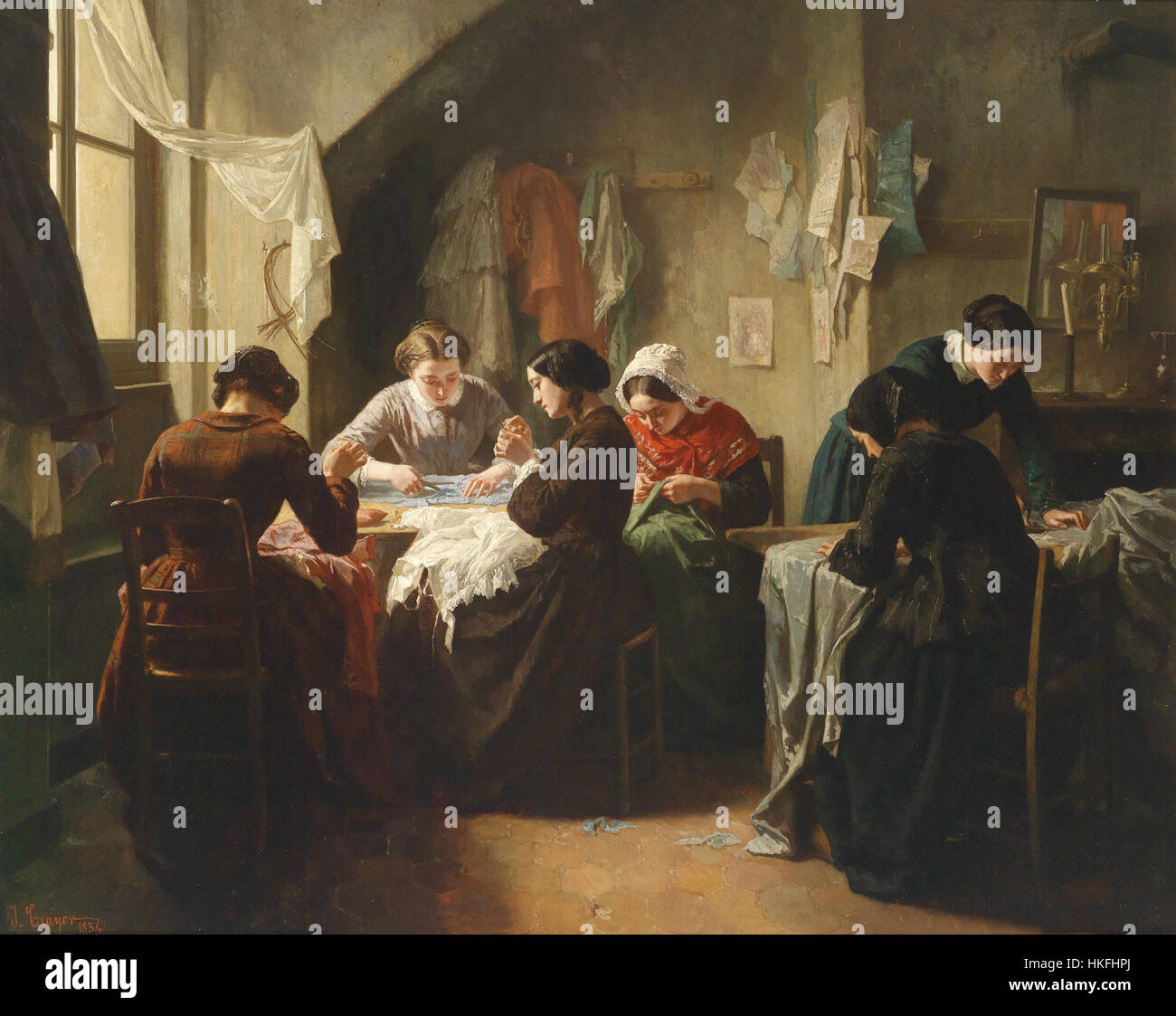 Questo dipinto di Jean Baptiste Jules Trayer, intitolato "Bretonische Schneiderinnen", del 1854, raffigura donne bretone cucite. Il dipinto mette in risalto la cultura bretone tradizionale, mostrando la vita quotidiana e l'abbigliamento del tempo. Foto Stock