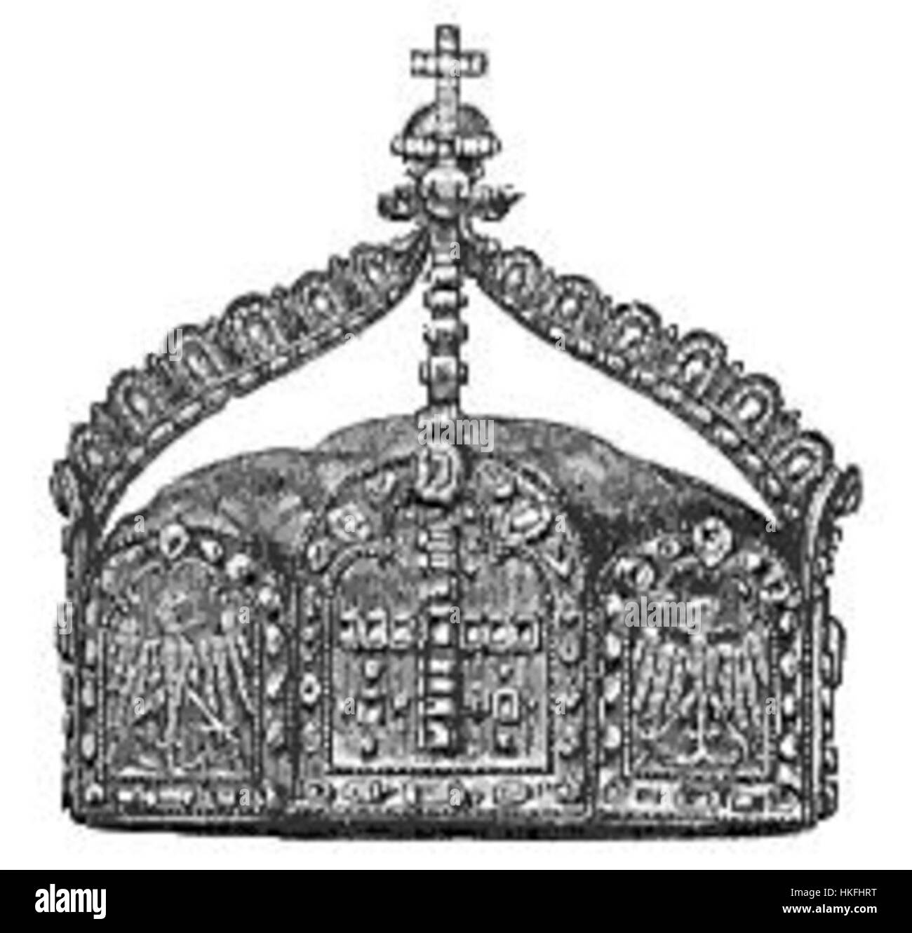 Il "Kaiserkrone" (Corona dell'Imperatore) è un'opera d'arte storica notevole, raffigurante la corona imperiale in intricati dettagli. Mostra la grandezza e il simbolismo delle insegne imperiali in un raffinato stile artistico. Foto Stock