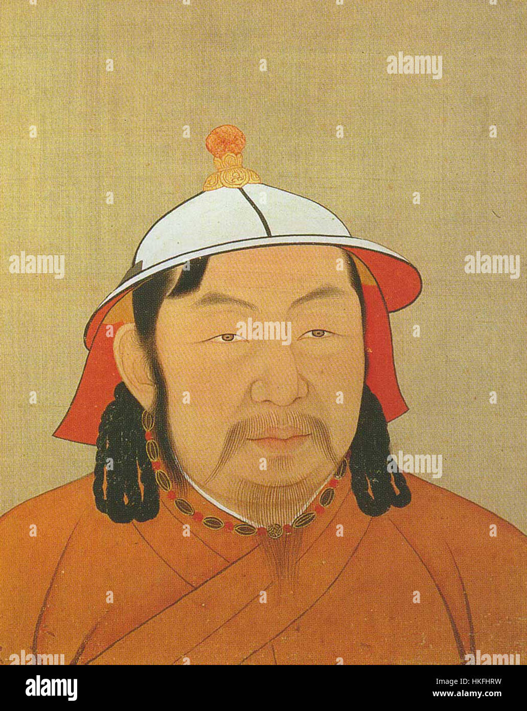 L'album dell'imperatore Yuan ritrae l'imperatore Ayurbarvada Buyantu, una figura chiave della dinastia Yuan. L'opera d'arte cattura la presenza regale dell'imperatore, mostrando dettagliate pennellate e ricchi simbolismi che riflettono la grandezza imperiale dell'epoca. Foto Stock