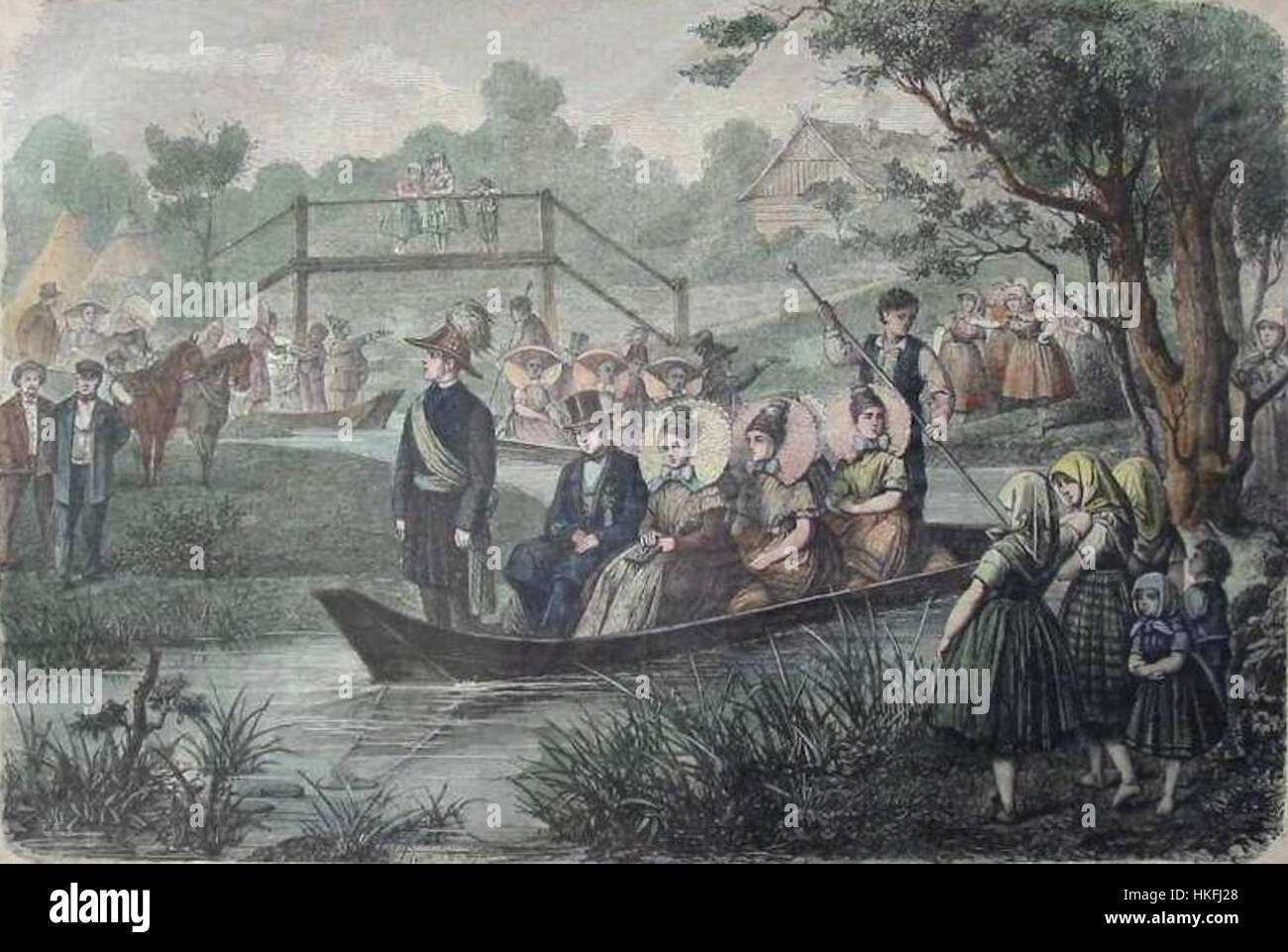 "Eine Hochzeit im Spreewalde" (Un matrimonio nello Spreewald) è un'illustrazione scolpita in legno che raffigura una cerimonia di nozze tradizionale dalla regione di Spreewald in Germania. Le opere d'arte mostrano i costumi e gli abiti unici della zona, riflettendo le tradizioni culturali del tempo. Foto Stock