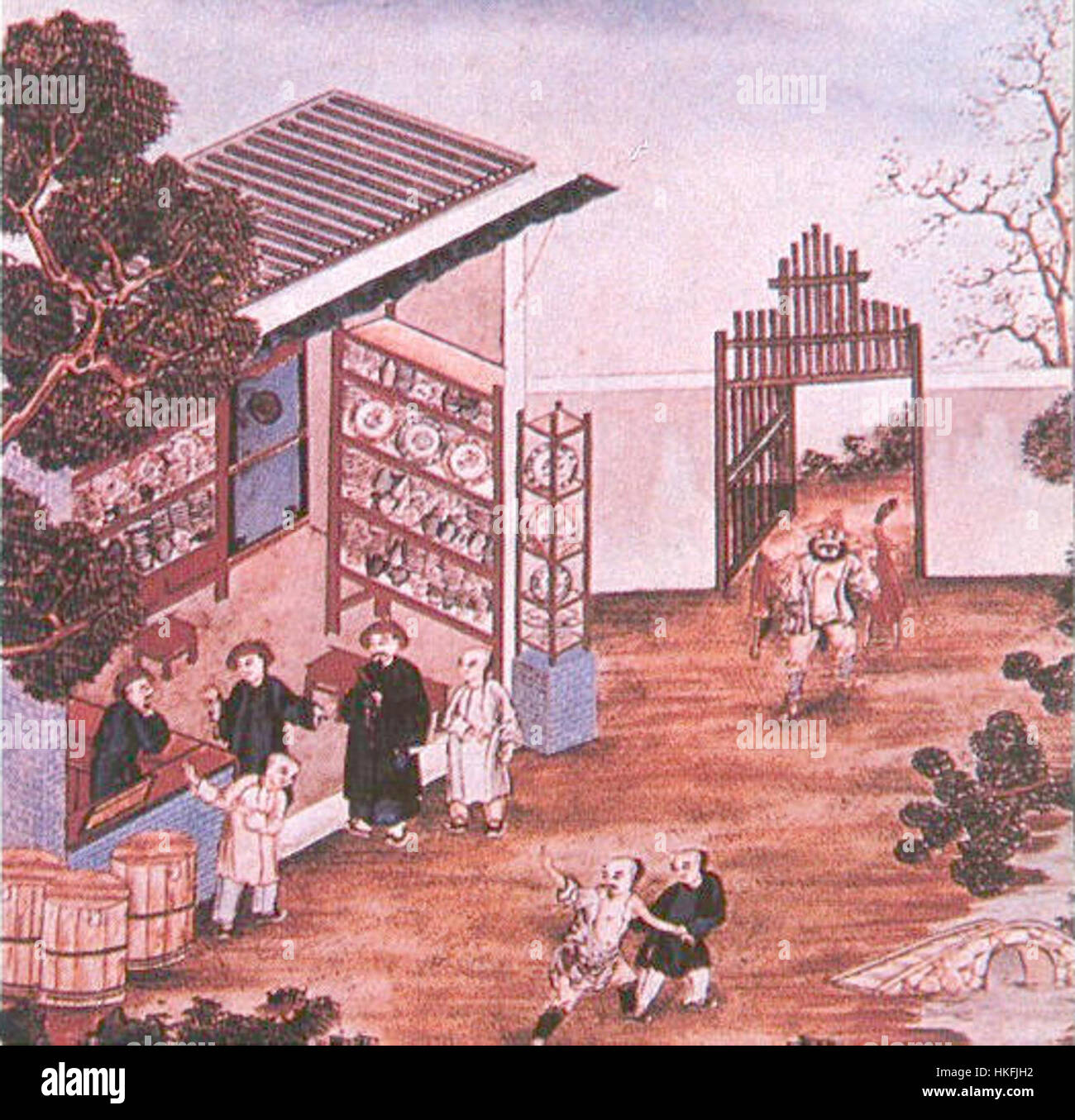 Qing Jingdezhen si riferisce alla rinomata produzione di porcellane dalla regione di Jingdezhen in Cina, che risale alla dinastia Tang. Jingdezhen è stato un centro per la creazione di pregiate porcellane e ceramiche, note per i loro intricati disegni e l'alta qualità artigianale. L'area ha una lunga storia di produzione di ceramiche d'arte, tra cui vasi, piatti e statuette che sono ora considerati capolavori nel mondo dell'arte. Foto Stock