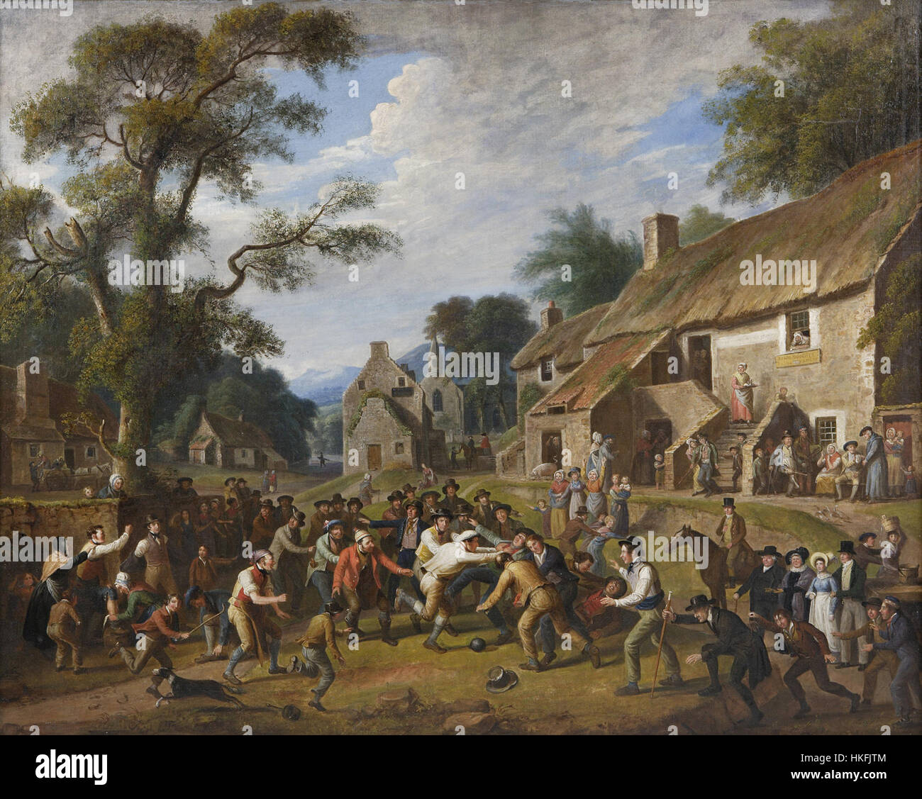 Questo dipinto di Alexander Carse, creato intorno al 1830, cattura l'azione di una partita di calcio. L'opera d'arte riflette i primi giorni dello sport, mostrando l'intenso atletismo e l'entusiasmo dei giocatori. Foto Stock