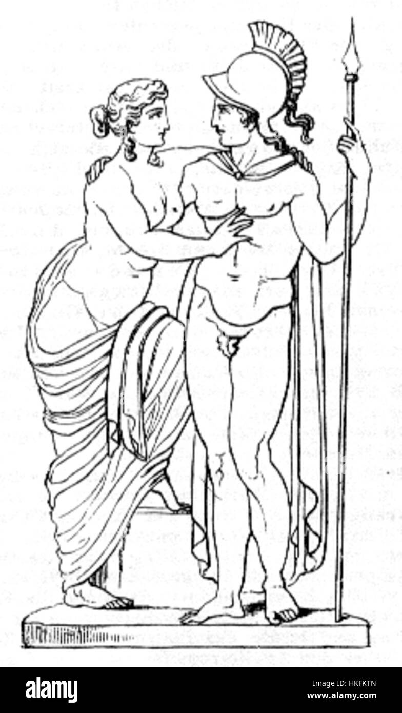 Questo dipinto ad olio raffigura Ares, il dio greco della guerra, ritratto in stile artistico classico. La sua forma muscolare e la sua posa drammatica catturano la sua natura feroce e l'importanza nella mitologia greca come simbolo di combattimento e abilità in battaglia. Foto Stock