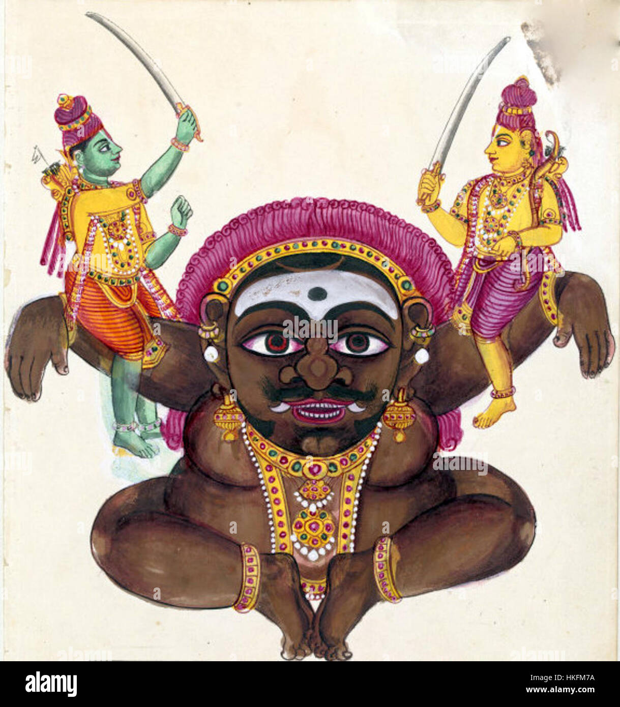 Kabandha, un rakshasa (demone) della mitologia indù, è raffigurato in questa opera come una figura spaventosa con un aspetto terrificante. Conosciuto per la sua grande forza e la sua forma mostruosa, Kabandha è un personaggio prominente nell'epica Ramayana, che rappresenta un potente avversario di Lord Rama. Foto Stock