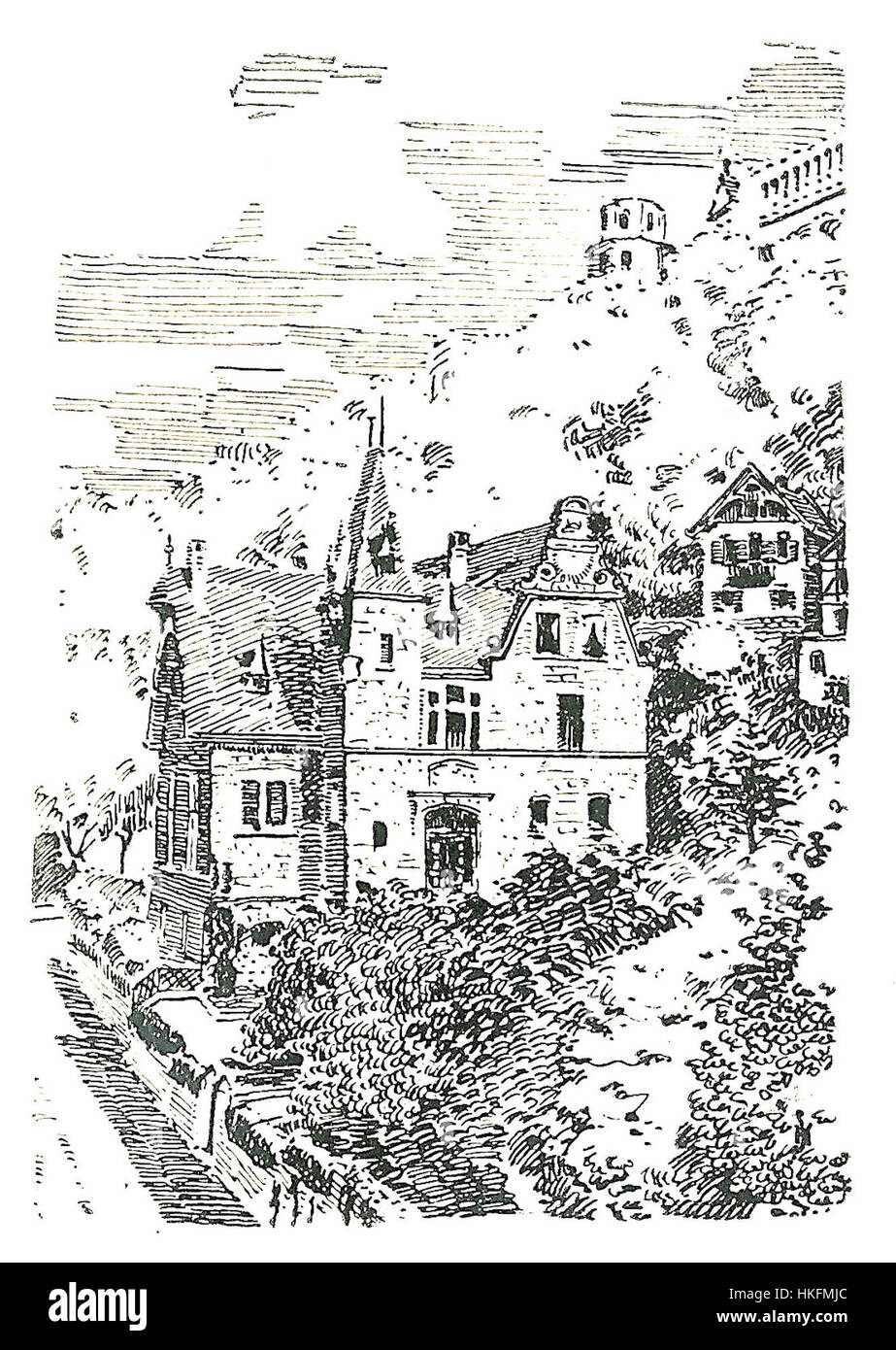 Il dipinto 'Heidelberg Guestphalia Haus' presenta una rappresentazione della storica casa Guestphalia a Heidelberg, che mostra i suoi dettagli architettonici attraverso un dipinto ad olio. Questa opera, ricca di contesto storico, fa parte della collezione di belle arti, che fonde estetica classica e antica con tecniche d'arte vintage. Presenta una vista accattivante del patrimonio culturale di Heidelberg. Foto Stock