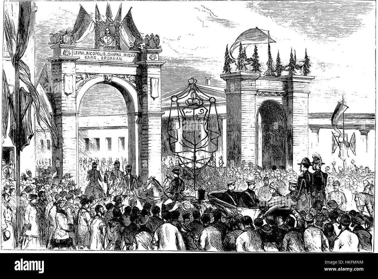 Un dipinto storico che raffigura l'ingresso trionfale dei russi a Bucarest durante la guerra russo-turca del 1877-1878. L'opera d'arte cattura la grandezza e il significato dell'evento nella storia rumena e russa. Foto Stock