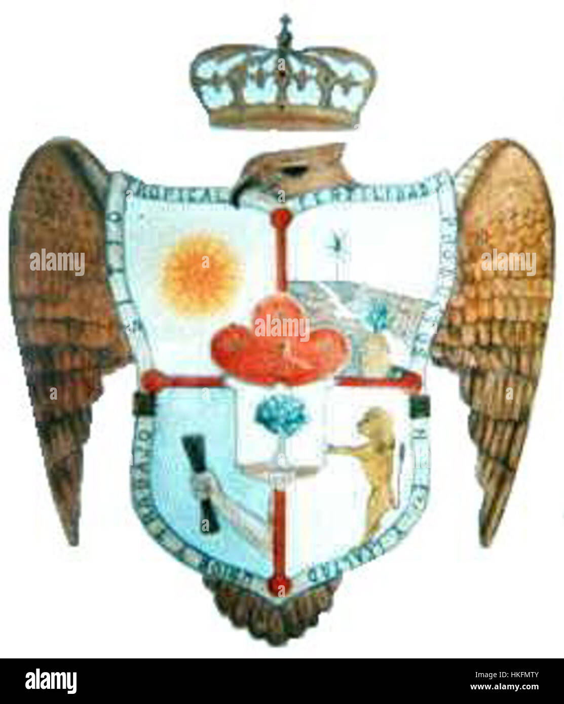 "Escudo de Amatlan de los Reyes" è uno stemma storico che rappresenta la città di Amatlan de los Reyes a Veracruz, Messico. L'opera d'arte presenta simboli tradizionali della regione, che celebrano il suo patrimonio culturale e il significato della comunità locale. Foto Stock