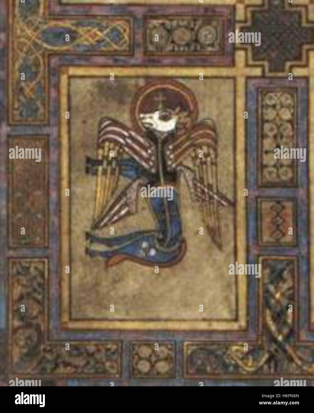 Il "Simbolo dell'Evangelista Luca" è una rappresentazione di San Luca, uno dei quattro evangelisti, spesso raffigurato con un bue. Questa opera d'arte simbolica, probabilmente originaria di tradizioni religiose, combina l'iconografia religiosa con tecniche artistiche storiche. Foto Stock