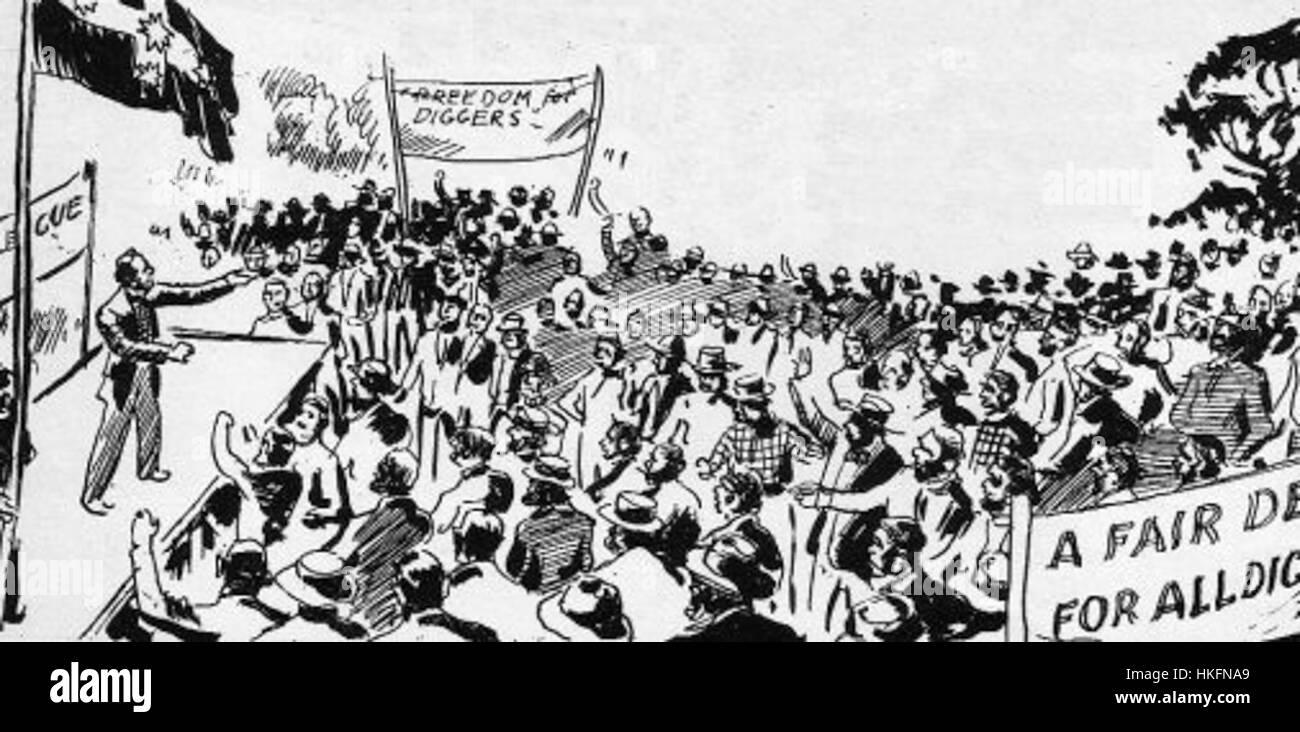 Un dipinto d'epoca che rappresenta un raduno a Ballarat, in Australia, noto per il suo significato storico e lo sfondo dell'era della corsa all'oro. Foto Stock