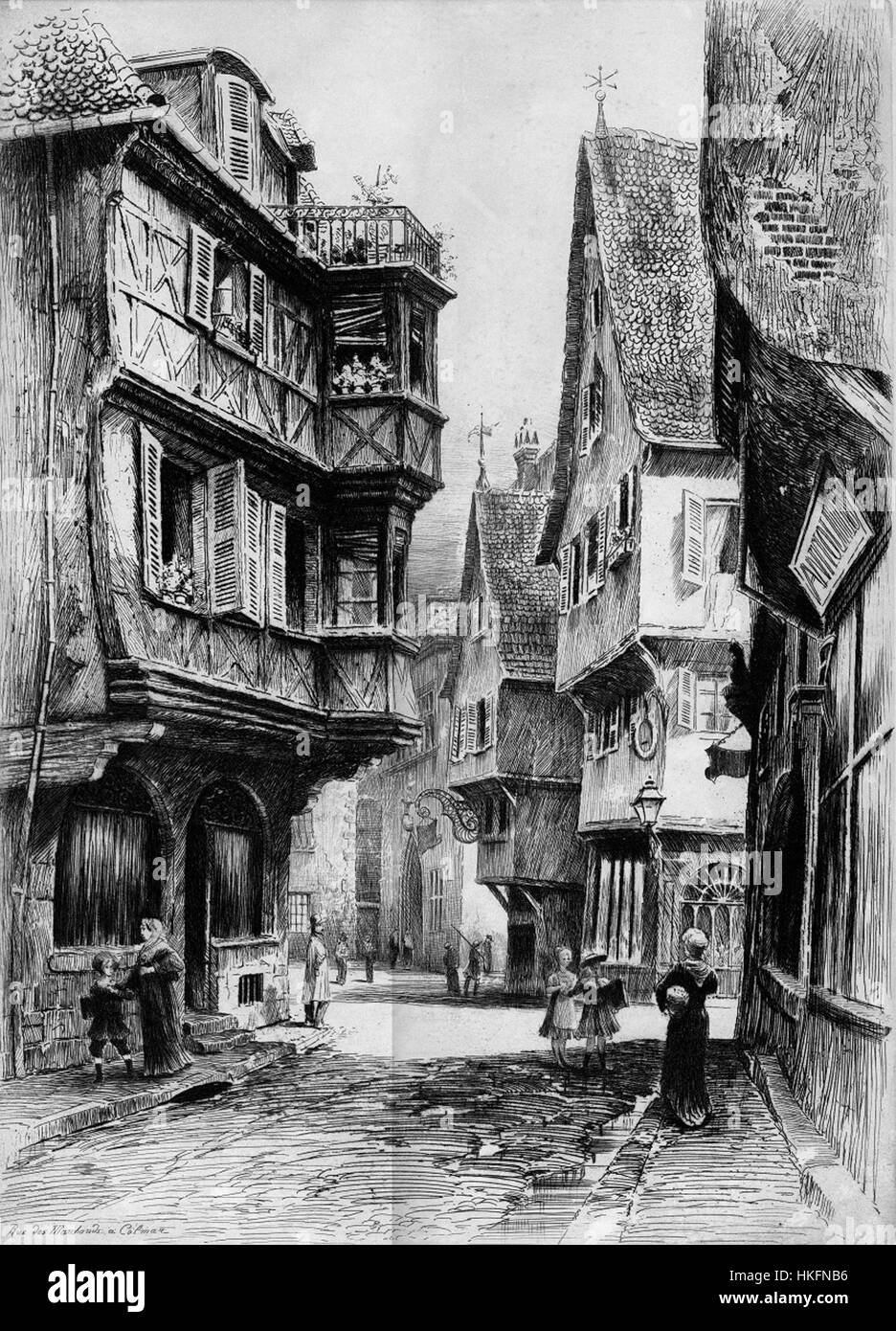 Questa opera d'arte ritrae Rue des Marchands a Colmar, in Francia, che conduce verso il Kaufhaus. Cattura l'architettura e l'atmosfera di questa strada storica nel cuore della città, mostrando il suo ruolo nella vita quotidiana e nel commercio. Foto Stock