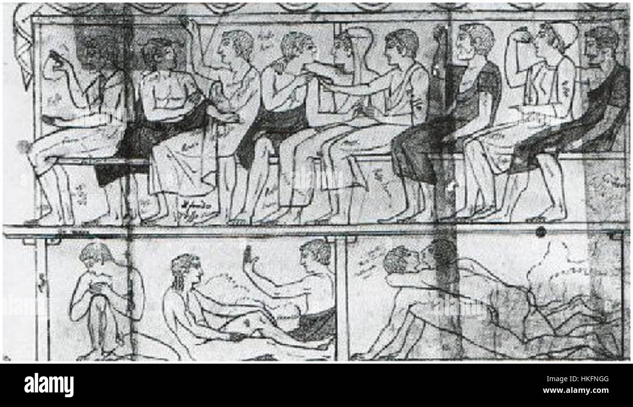 La "Tombe van de Bigas" di Tarquinia è una scoperta archeologica che mostra l'antica arte etrusca, conservata attraverso dipinti e disegni. Questo pezzo rappresenta le tradizioni culturali e artistiche dell'antica Italia. Foto Stock