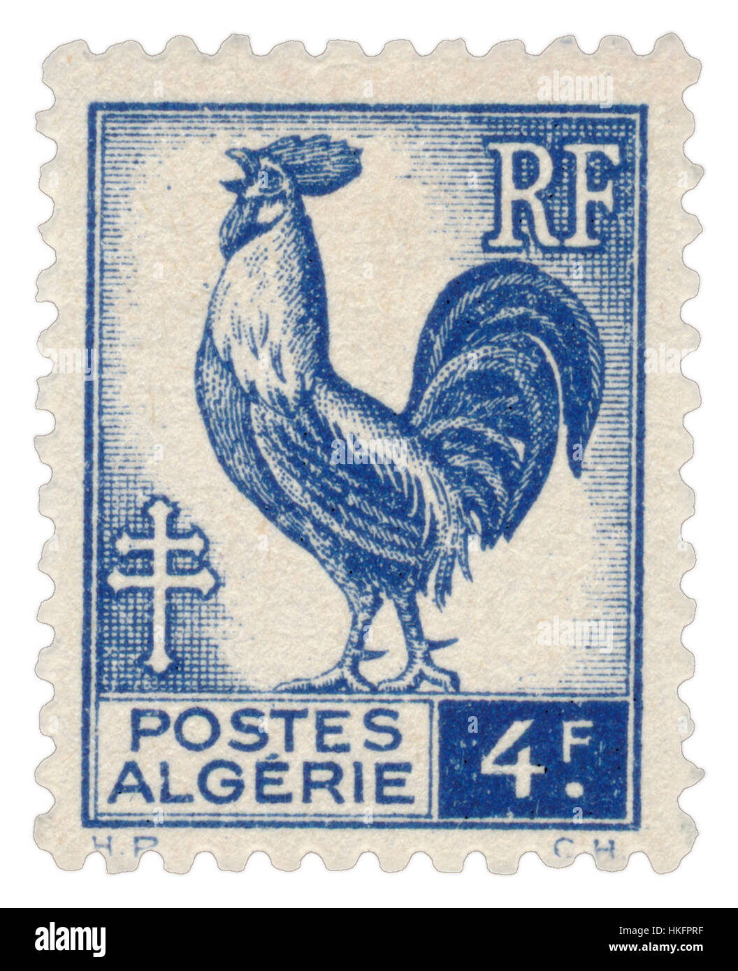 Questo francobollo algerino del 1944 presenta opere d'arte uniche che rappresentano gli elementi di design del periodo. Il francobollo probabilmente commemora un evento storico o un aspetto della cultura algerina durante la seconda guerra mondiale, catturando lo stile grafico del tempo. Foto Stock