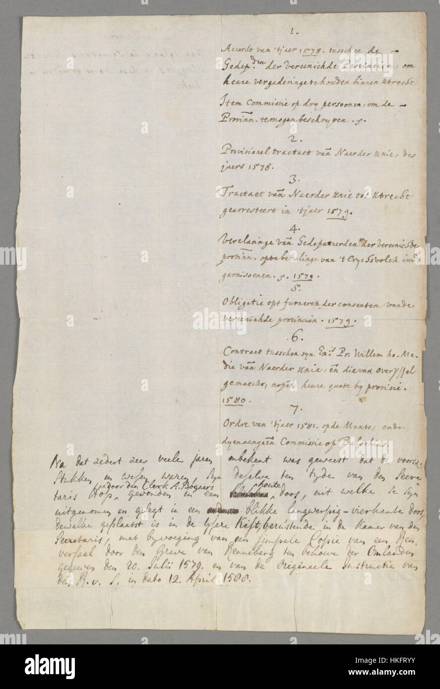 Questo documento storico dell'Archivio nazionale dei Paesi Bassi, intitolato "Unie van Utrecht", rappresenta un momento chiave della storia olandese. Si riferisce all'Unione di Utrecht del 1579, un evento fondamentale nella formazione della Repubblica olandese. Foto Stock