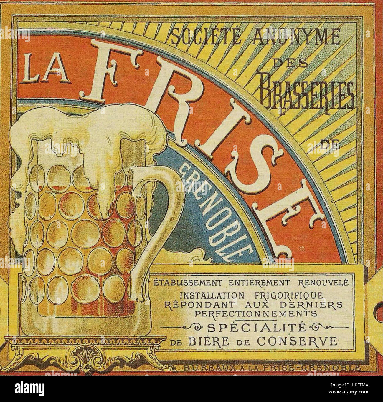 Questa pubblicità francese vintage, intitolata "Affiche Brasserie Frise Grenoble", promuove una brasserie a Grenoble, che mostra arte commerciale e design del XIX secolo tipici della pubblicità francese durante l'epoca. Foto Stock