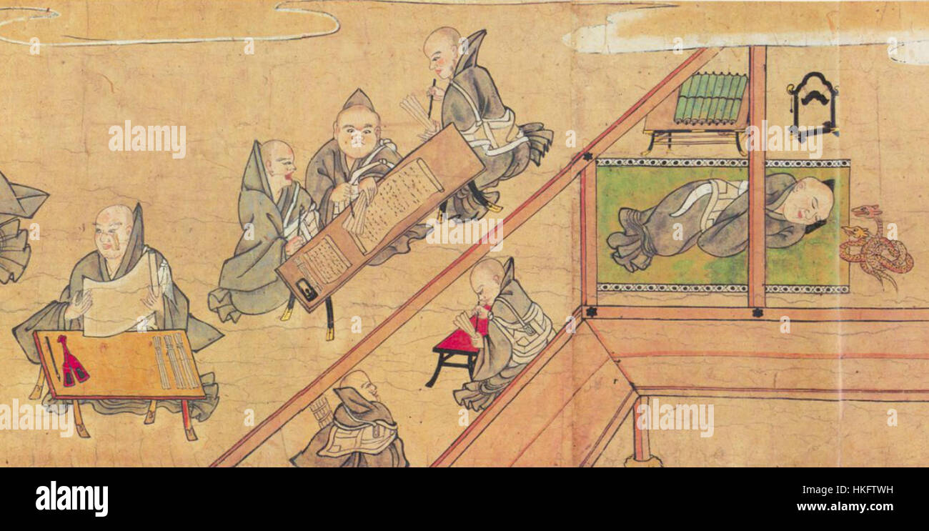 Questo dettaglio del *Dojoji Engi Emaki* illustra una scena del famoso emakimono giapponese (rotolo narrativo dipinto), raffigurante episodi della leggenda del tempio Dojoji. L'opera d'arte è un notevole esempio di arte narrativa tradizionale giapponese del XIV secolo. Foto Stock