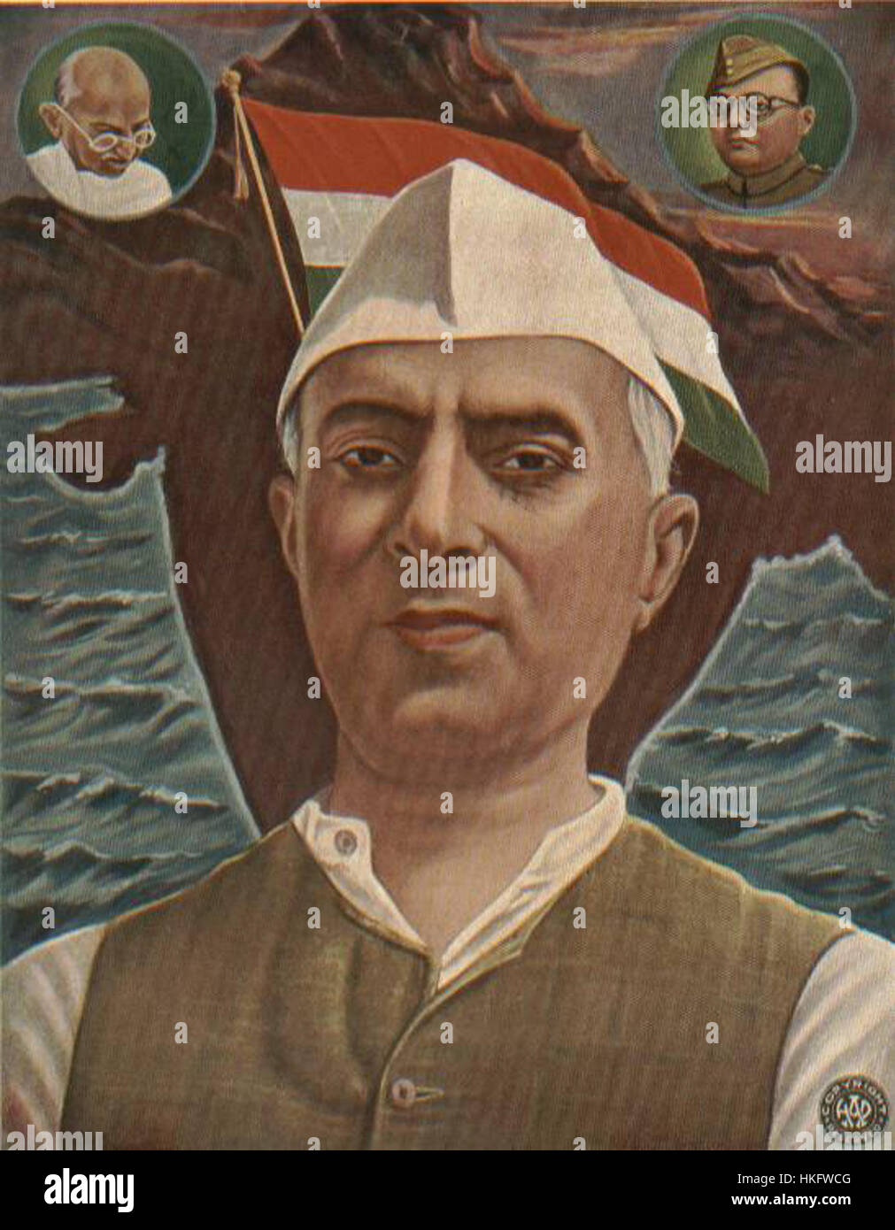 Questo dipinto ritrae Jawaharlal Nehru come l'incarnazione dell'indipendenza dell'India, con figure di Mahatma Gandhi e Subhas Chandra Bose (Netaji) che appaiono sulle sue spalle. L'opera riflette la complessa storia politica dell'India e l'influenza di questi leader durante la lotta per la libertà del paese. Foto Stock