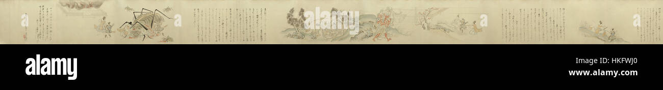 Tsuchigumo Zoshi è un dipinto narrativo giapponese che raffigura la leggendaria storia del ragno gigante del folklore giapponese. L'opera d'arte mostra il tradizionale stile ukiyo-e, mescolando narrazione e arte visiva per dare vita al mito. Foto Stock