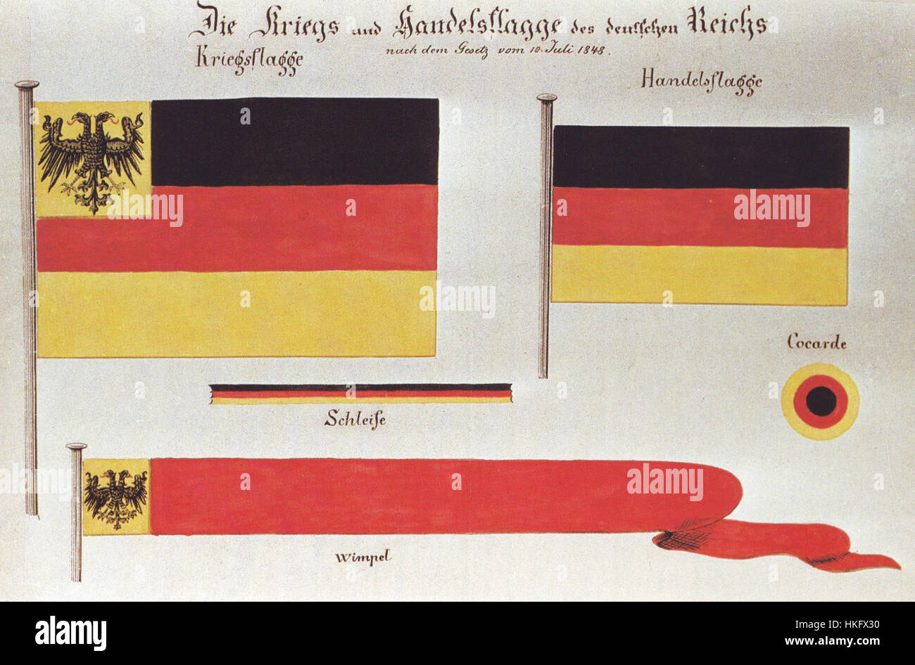 Questo disegno ad acquerello del 13 novembre 1848 raffigura il disegno di una bandiera di guerra e commerciale. Creato durante un periodo cruciale della storia europea, riflette i climi politici e militari dell'epoca. Foto Stock