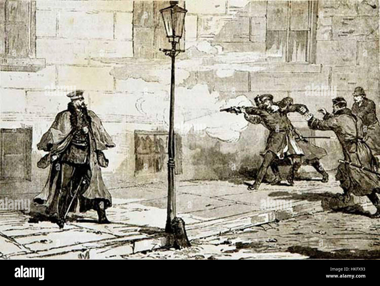 Questa opera d'arte ritrae un attacco significativo nel 1879, un momento cruciale nella storia. Il dipinto cattura l'intensità e il dramma dell'evento, sottolineando le emozioni e le azioni drammatiche degli individui coinvolti in questo conflitto storico. Foto Stock