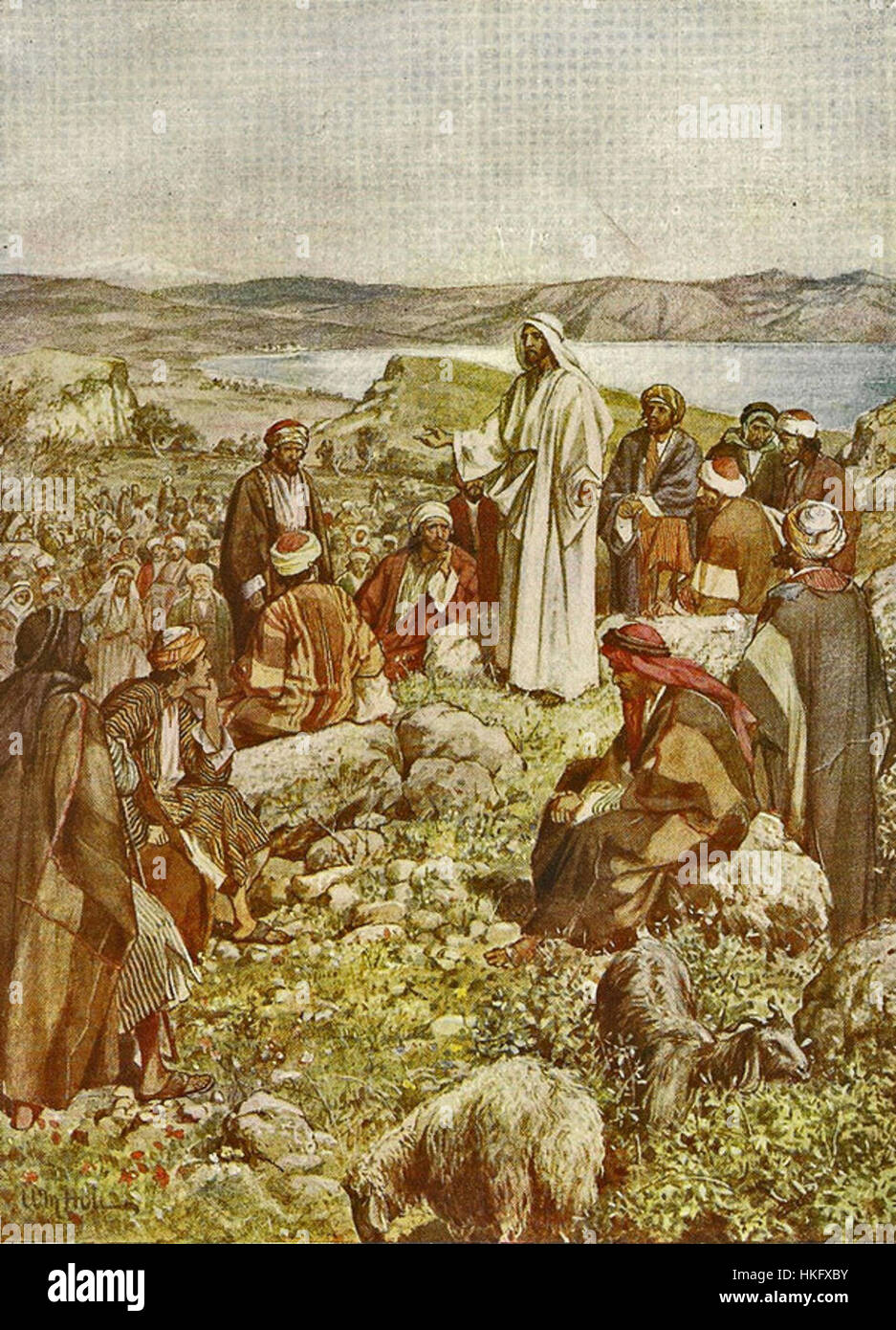 Il dipinto di William Brassey Hole di "The Sermon on the Mount" cattura il momento biblico di Gesù che insegna ai suoi discepoli. L'opera d'arte è nota per la sua rappresentazione drammatica della folla e il significato spirituale del sermone. Foto Stock