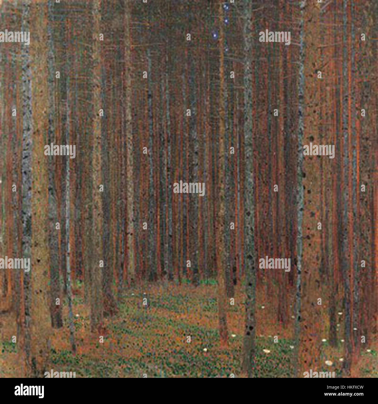 Questo dipinto intitolato "Tannenwald" di Gustav Klimt è un esempio straordinario della sua opera d'arte simbolica e ispirata alla natura. Il pezzo riflette lo stile intricato di Klimt, con colori e motivi vivaci che catturano l'essenza della foresta. Foto Stock