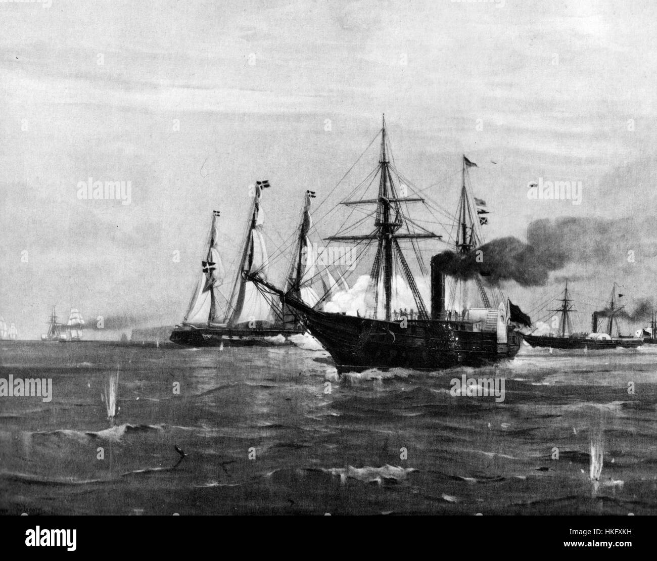 Questo dipinto cattura il *Barbarossa* e l' *Helgoland* durante il loro incontro nel 1849, riflettendo una battaglia navale critica del XIX secolo. Il dipinto enfatizza le tattiche militari e le tecniche di guerra navale dell'epoca. Foto Stock