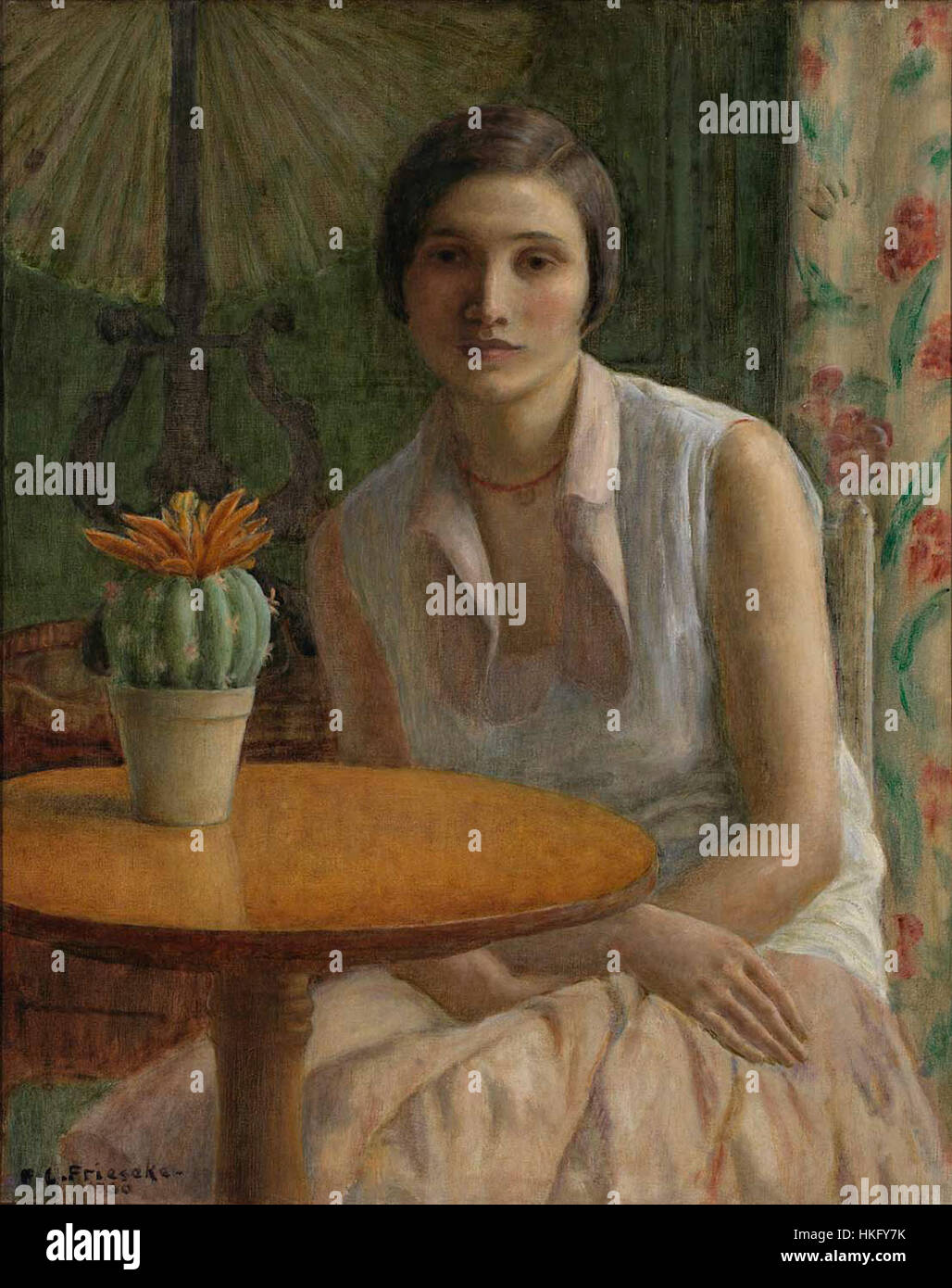 "Ritratto di una donna (con Cactus)" è un dipinto ad olio che fonde le moderne tecniche artistiche con un'attenzione particolare ai dettagli naturalistici, con una donna con un cactus. Il pezzo riflette sia lo stile storico che quello contemporaneo. Foto Stock